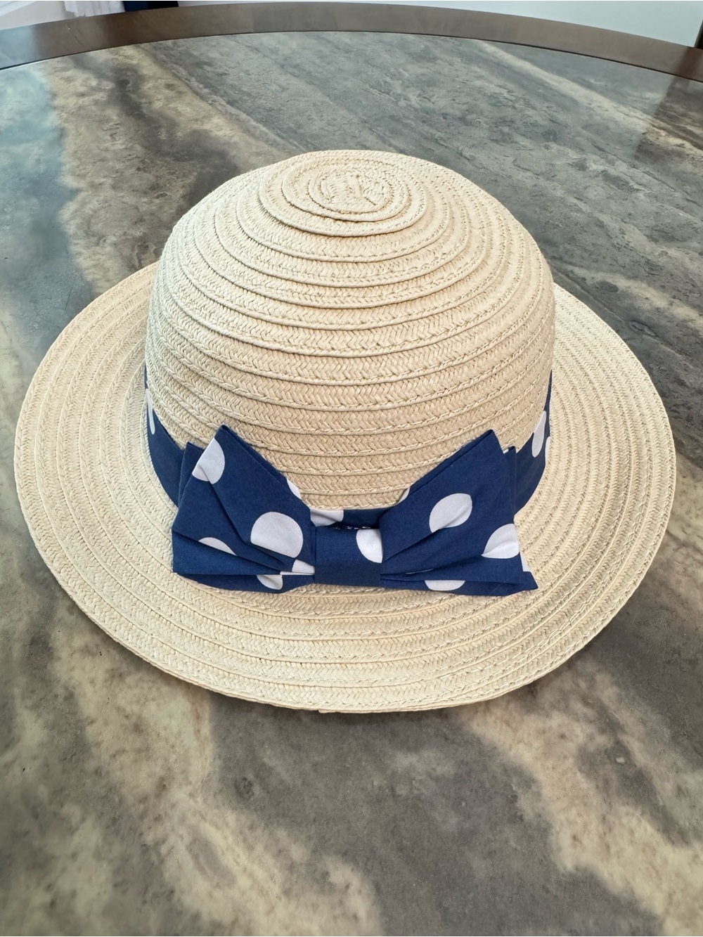 Beige Straw Kids Sun Hat with Navy Polka Dot Bow
